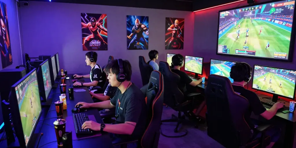 Exciting gaming action in the harta88 digital entertainment arena with players and tech setup.
