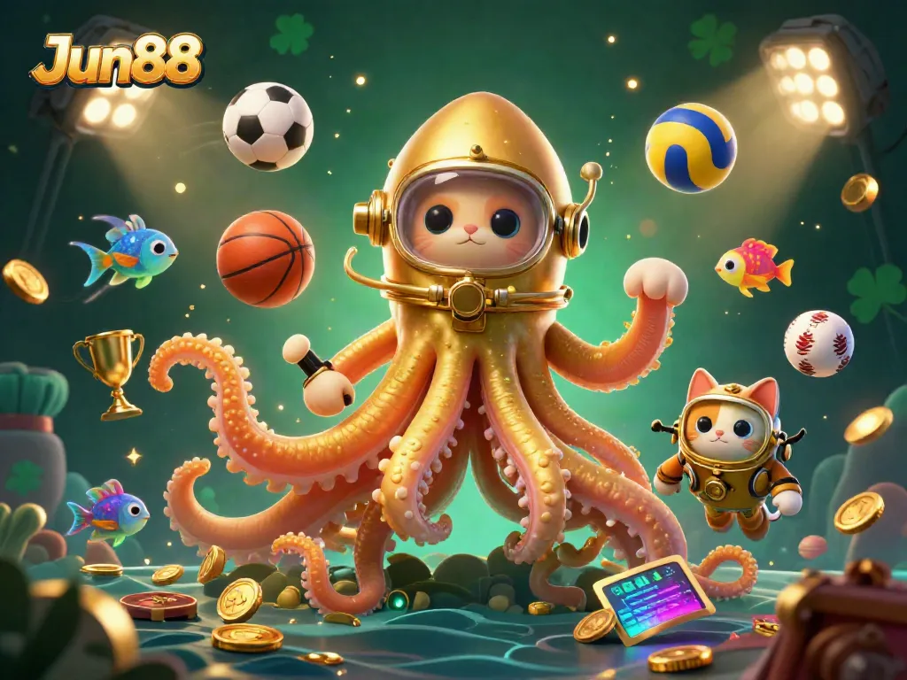 Experience the excitement at Jun88 with a vibrant 3D illustration showcasing a kraken and diving cat in a dynamic casino scene.