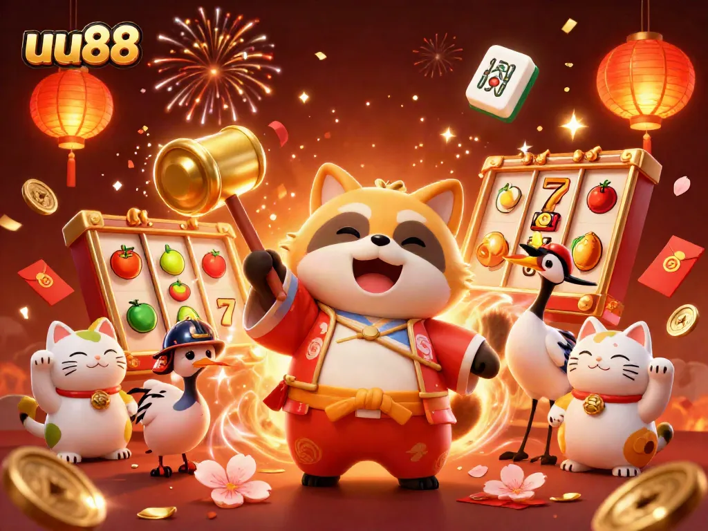 Engage with uu88 and experience the excitement of online slots surrounded by cheerful characters in a vibrant celebration.