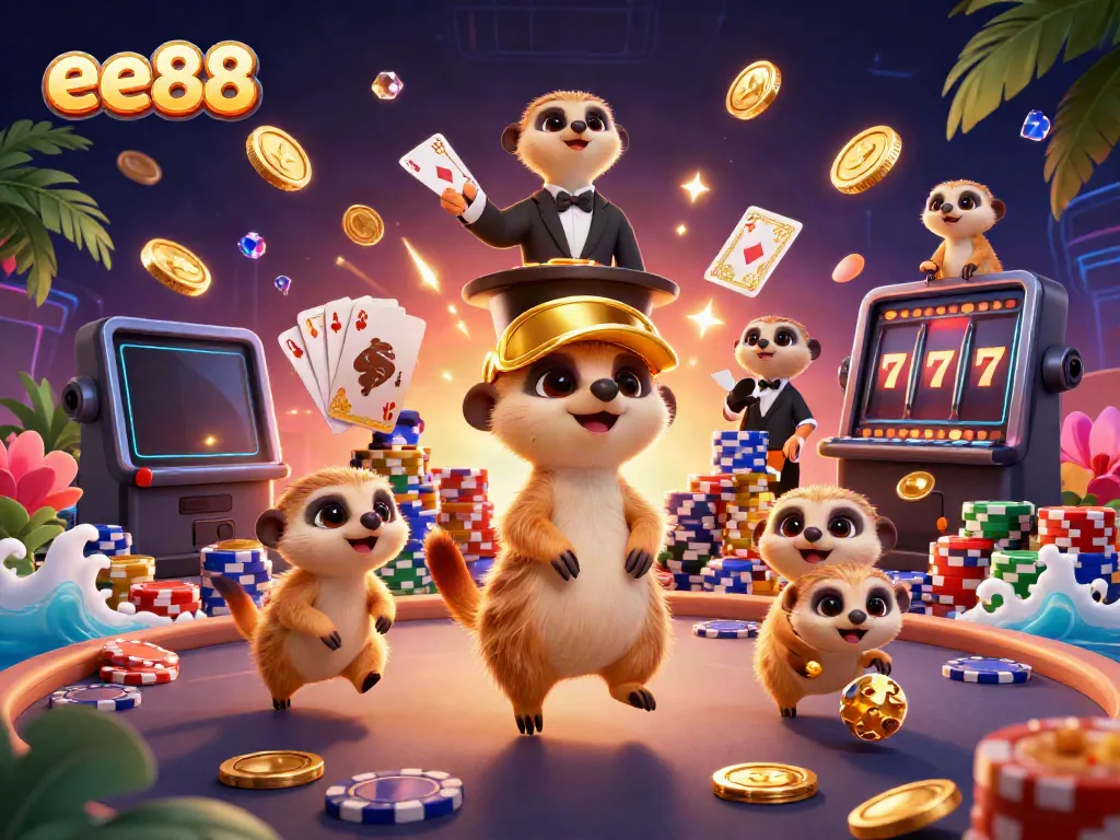 Experience the vibrant energy of ee88 with cartoon meerkats in a bustling casino scene.