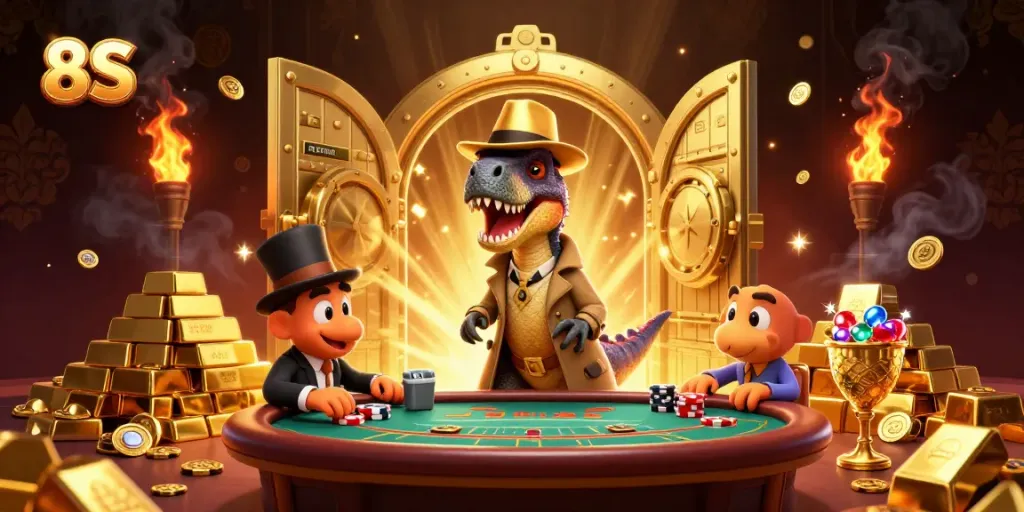 Engage in thrilling 8S gameplay with a 3D velociraptor card counter at a blackjack table surrounded by treasures.