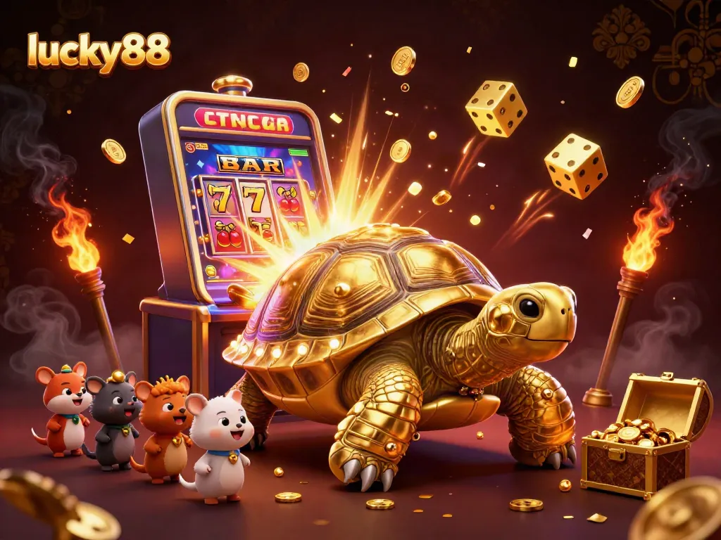 Experience the excitement of lucky88 with a vivid casino scene featuring animated characters and jackpot elements.