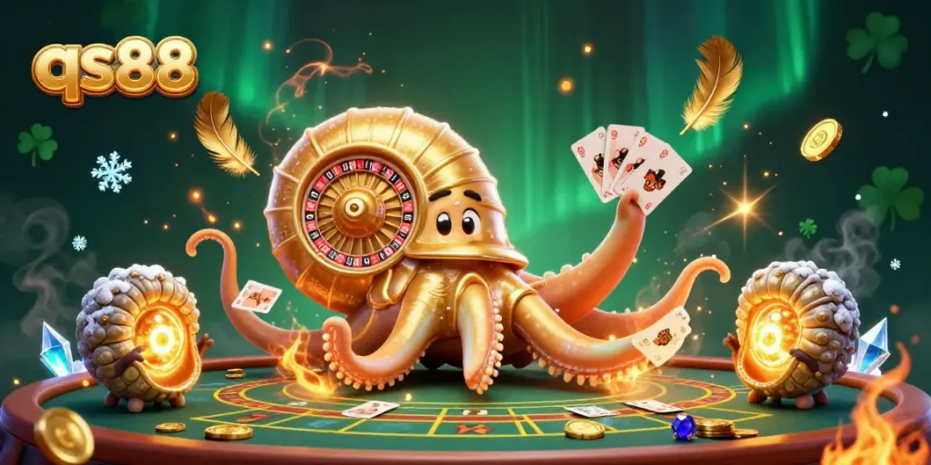 Experience thrilling gameplay with qs88's nautilus roulette wheel and glowing companions in this vibrant casino setting.
