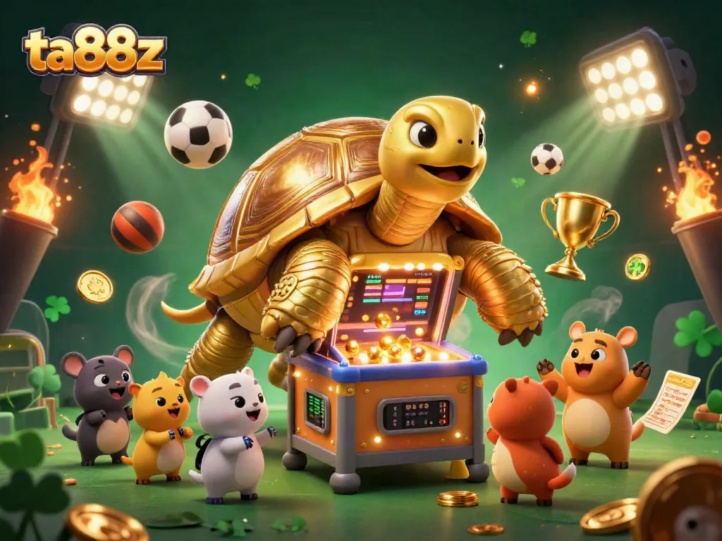 Experience exciting gameplay at ta88z with a colossal golden tortoise pinball machine, surrounded by animated sports elements.