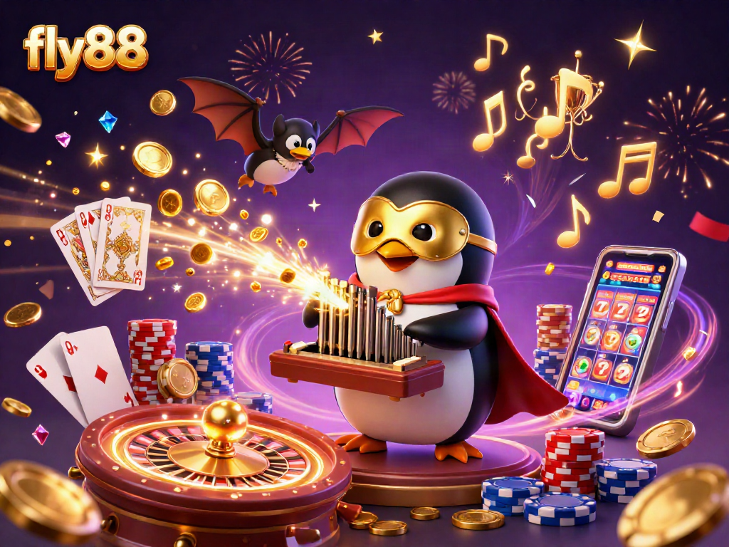 Experience fly88's gaming magic with a 3D penguin playing a golden organ amidst cascading coins and festive elements.