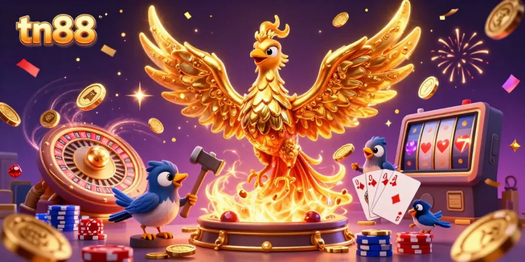 Experience thrilling wins with tn88 at a vibrant online casino featuring a dazzling golden phoenix and more.