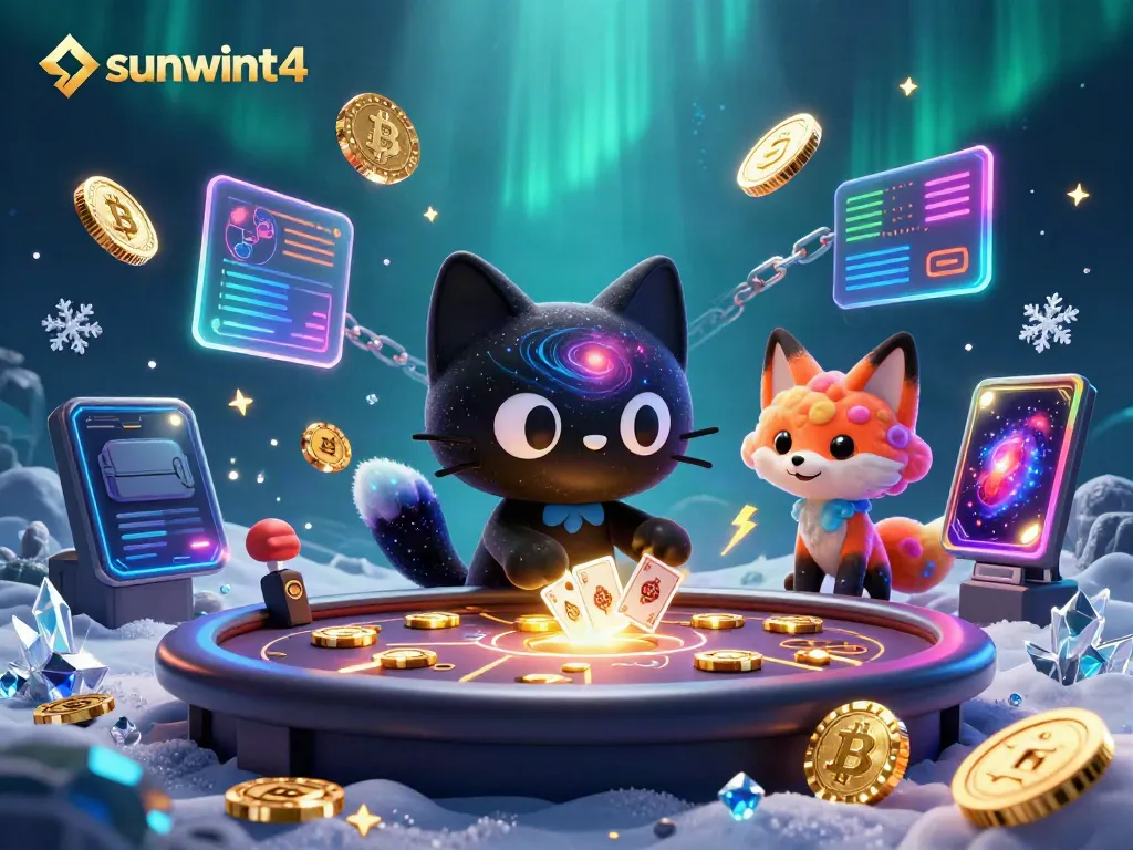 Experience thrilling gameplay at sunwint4 with a cosmic casino scene featuring vibrant characters and crypto elements.