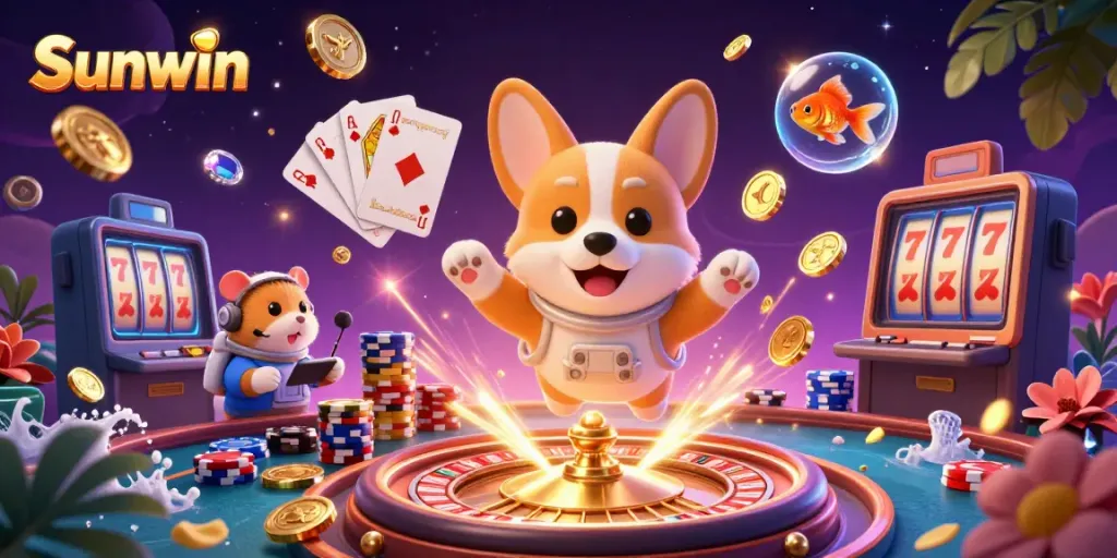 Experience the excitement of Sunwin with a dynamic 3D casino scene featuring cartoon characters and vibrant game elements.