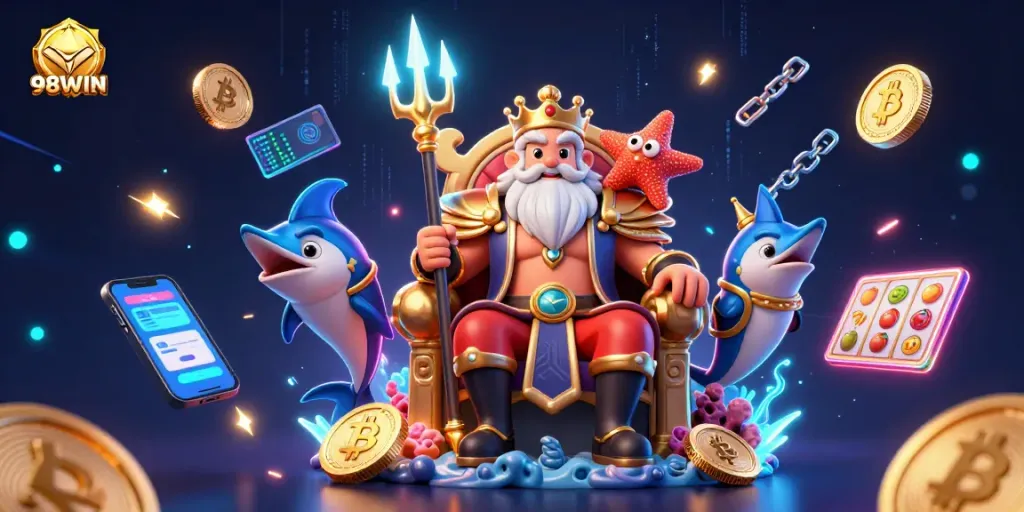 Engage with the thrilling 98WIN world of crypto gaming featuring Neptune and vibrant game elements.