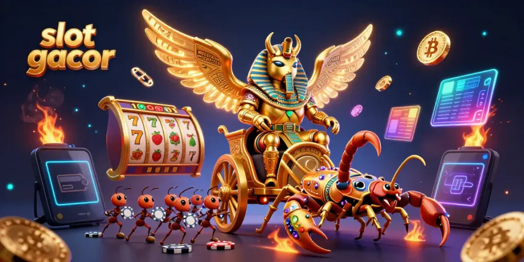 Visualisasi gameplay slot gacor dengan karakter menarik seperti kumbang emas dan simbol slot berkilau.