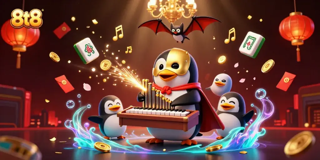 Engaging 8tt8 casino illustration with a phantom penguin and exciting gambling elements.