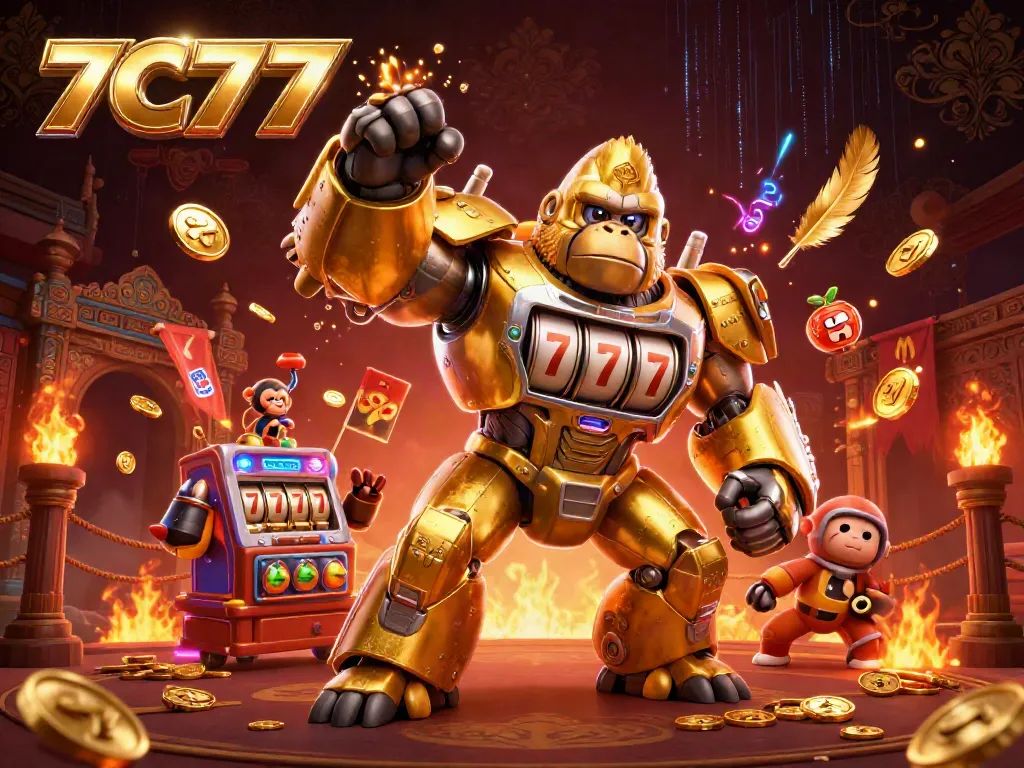 Engage with 7C77's thrilling gaming adventure led by a golden gorilla mech amidst vibrant casino elements.