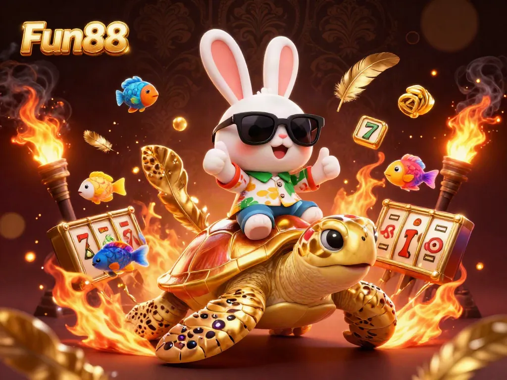 Experience Fun88 with our vibrant 3D casino scene featuring a lucky rabbit and golden sea turtle.