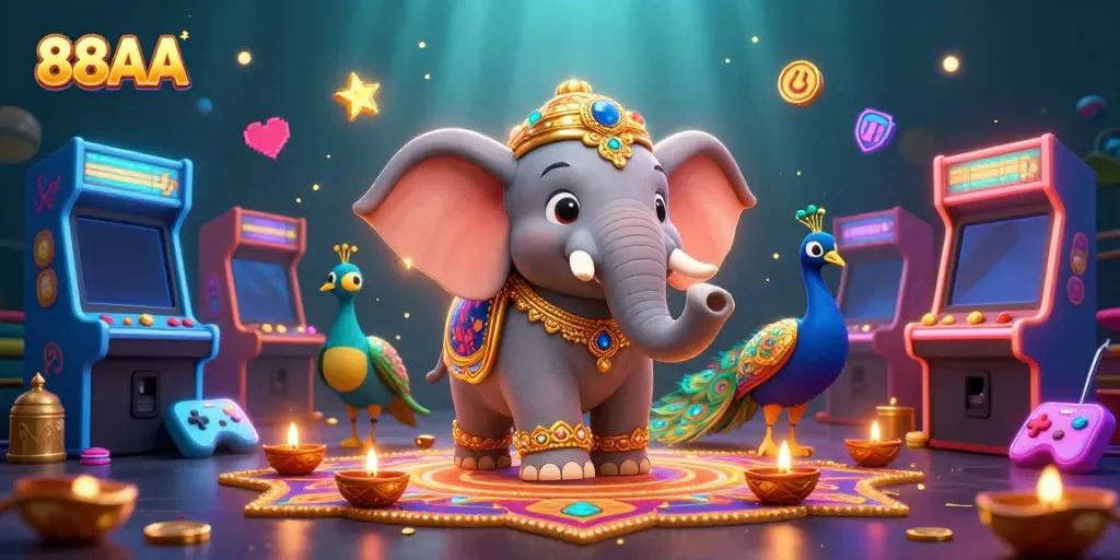 Play exciting games at 88AA, featuring vibrant 3D visuals of a lively casino atmosphere.