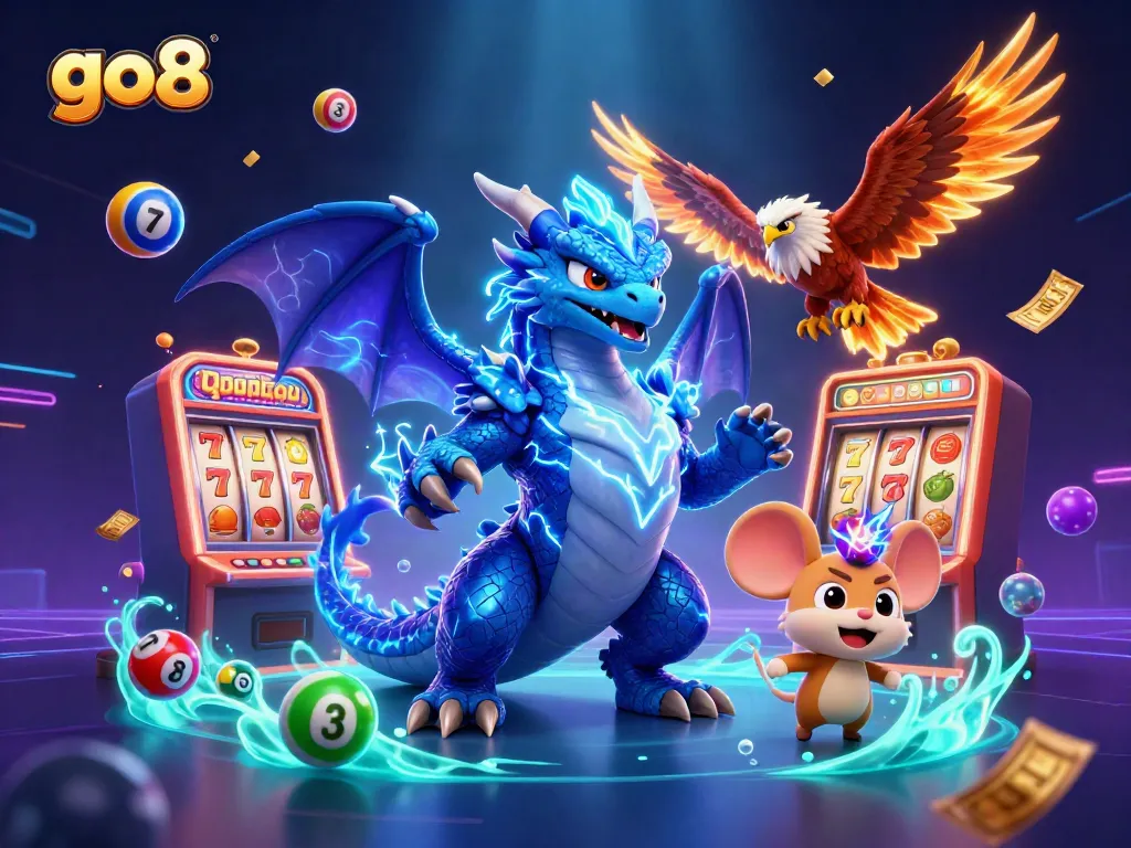 Engage with the thrilling world of go8 slots featuring mesmerizing dragon and hawk characters amidst dynamic casino elements.