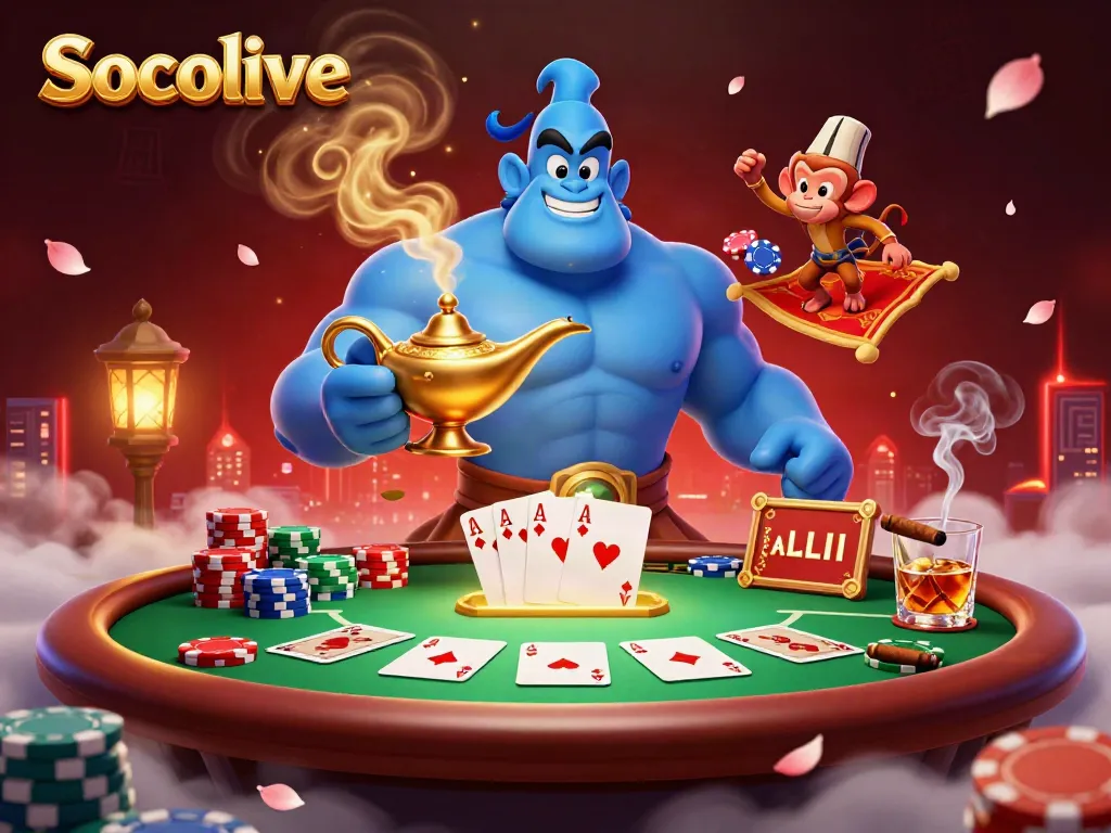 Socolive showcases a vibrant casino scene featuring a magical genie and poker-themed elements in an engaging atmosphere.