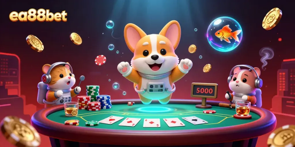 Experience the thrill of playing ea88bet in a vibrant space casino with floating poker elements.