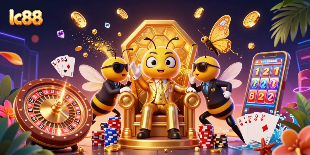 Experience lc88's thrilling casino atmosphere with golden coins and vibrant game elements.