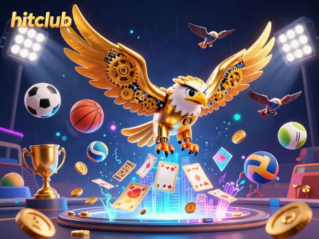 Experience exhilarating wins at hitclub with a vibrant 3D casino illustration featuring dynamic gaming elements.