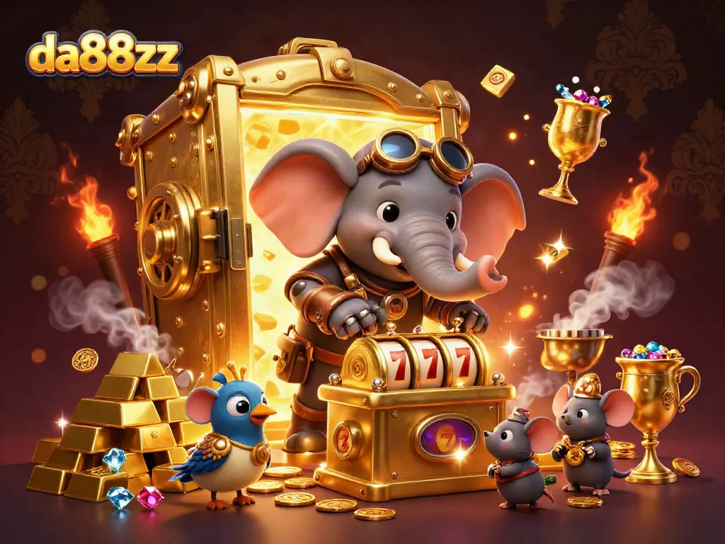 Engage in thrilling slots action at da88zz, featuring a vibrant steampunk elephant and golden slot machine.