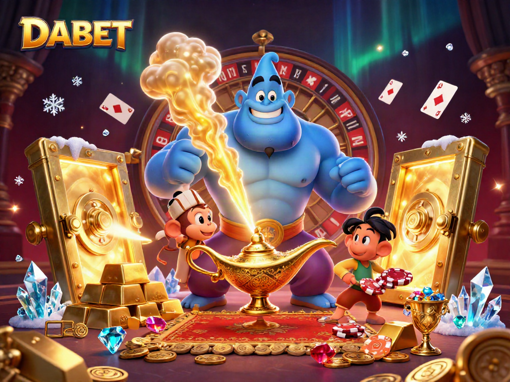 DABET showcases an exciting casino scene with a blue genie, a monkey, and poker chips above a bursting treasure vault.