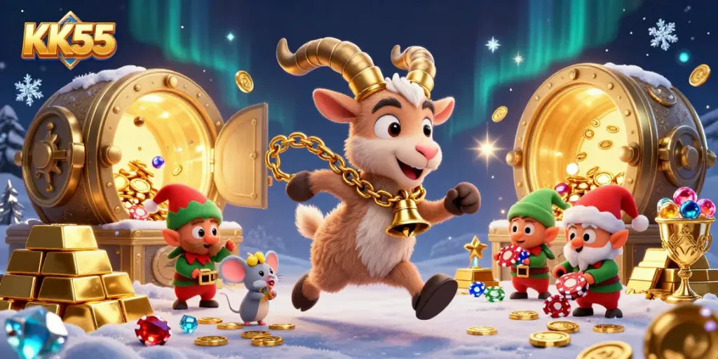 Experience gaming thrills with KK55 at a vibrant holiday casino filled with adventurous characters and treasures.