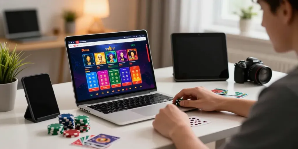 Pengguna aktif Bandar Togel di ruang kerja modern, taruhan online dan suasana menarik.