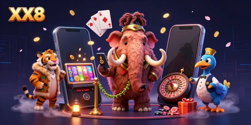 Experience the excitement of XX8 with a vibrant 3D illustration showcasing unique casino characters.