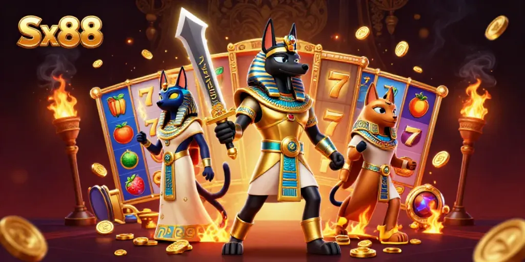 Sx88 wraps a captivating scene of an ancient Egyptian warrior and sacred cat in a vibrant casino.