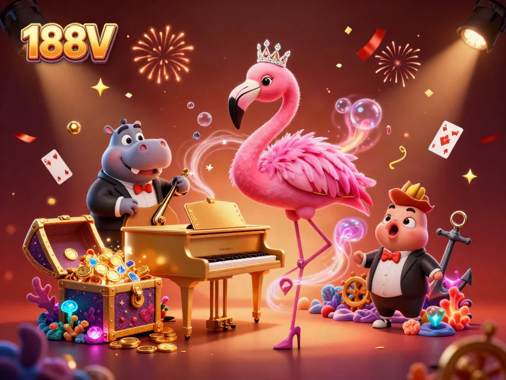 Enjoy a vibrant scene featuring 188V's flamingo lounge singer and hippo bassist in an extravagant casino setting.