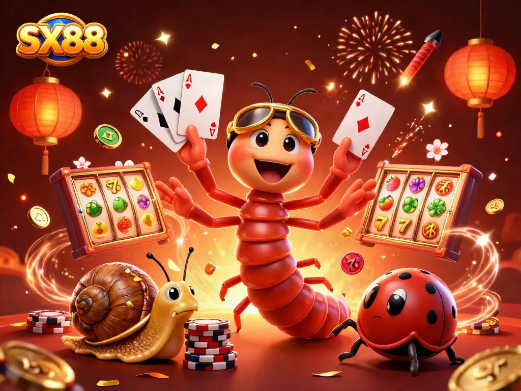 SX88 slot dealer illustration with a cartoon millipede, snail high-roller, and a pill bug among vibrant gaming elements.