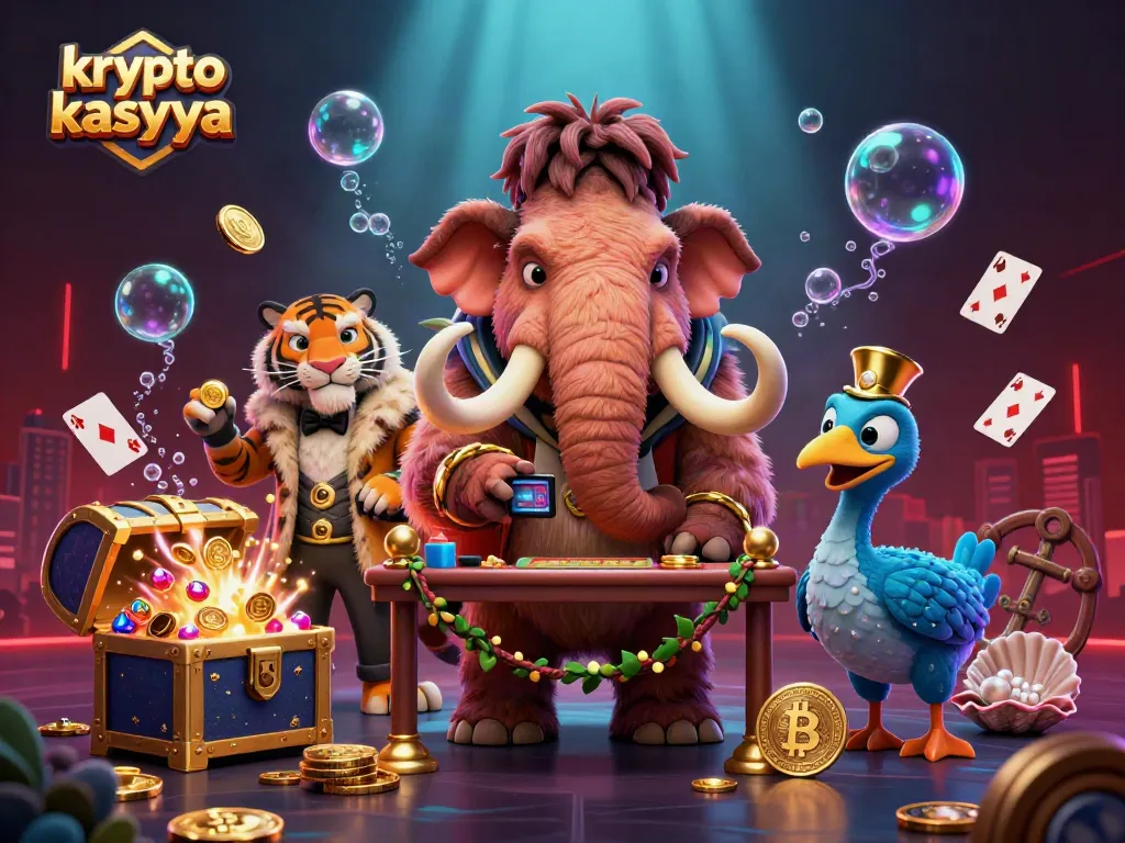 Engage with krypto kasyna in a vibrant 3D scene filled with coins and attractive characters.