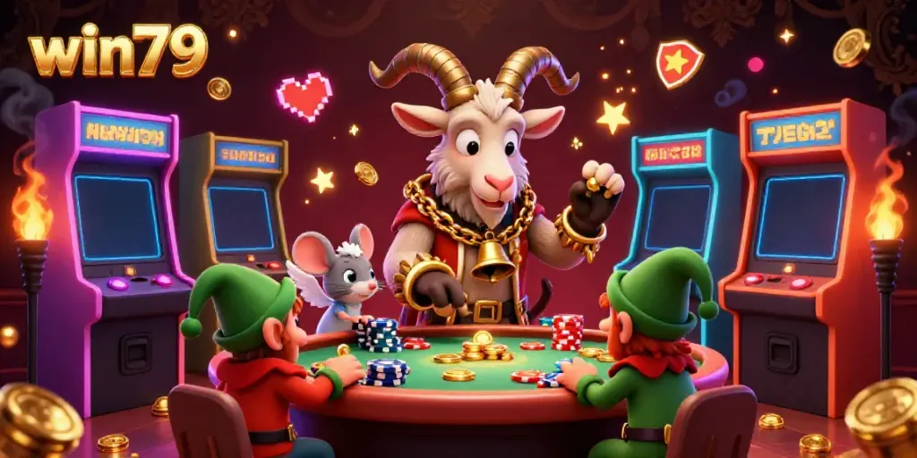 Engage with win79 in a thrilling casino scene with characters and colorful arcade machines.
