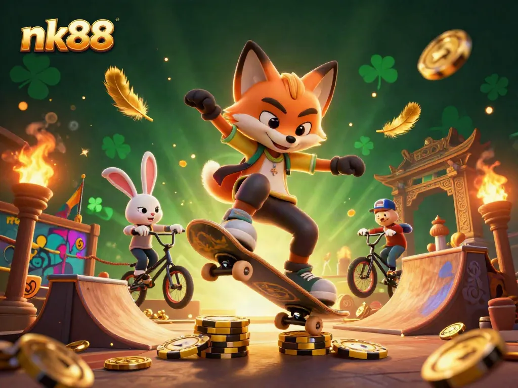 Experience thrilling action with nk88, featuring a skateboarder fox and BMX rabbit in a vibrant casino setting.