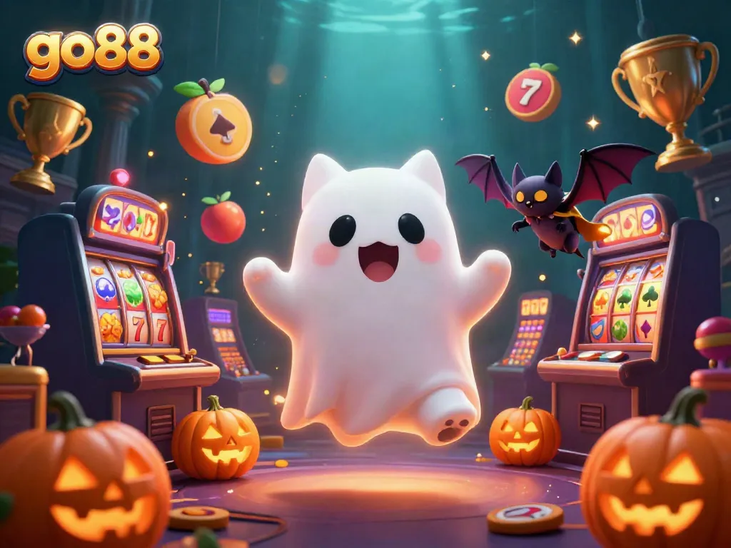 Experience the excitement of the go88 casino with a friendly ghost cat and a flying bat, surrounded by slot machines.