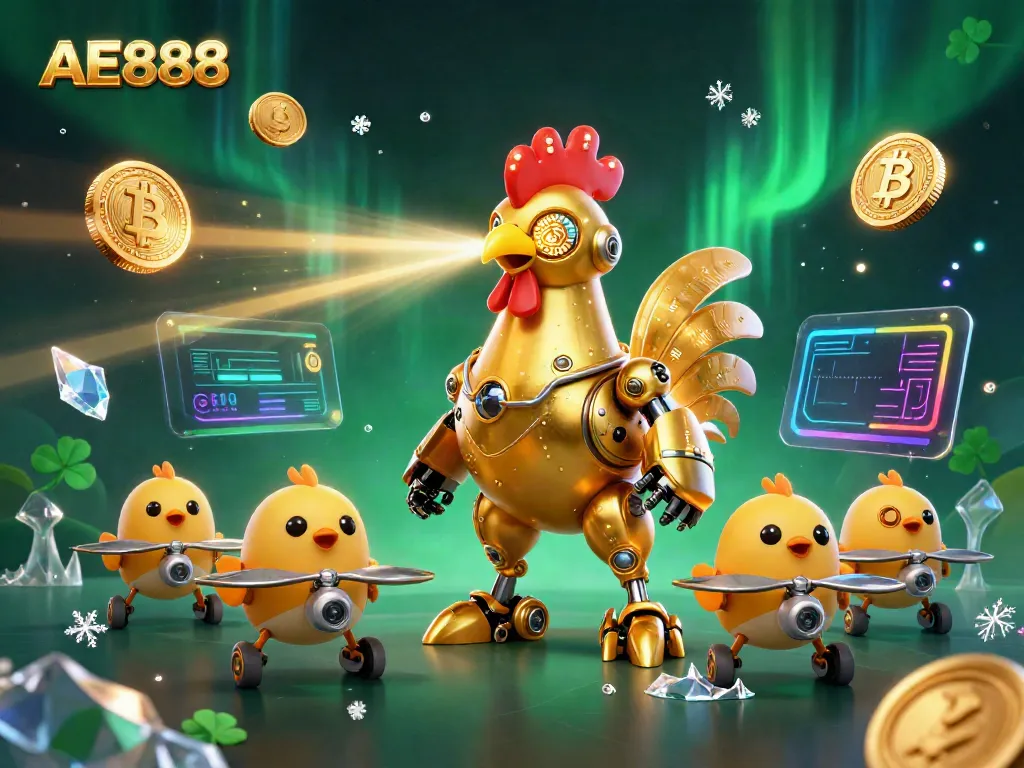 Engage with AE888's unique gaming world featuring a golden rooster robot and baby chick drones.