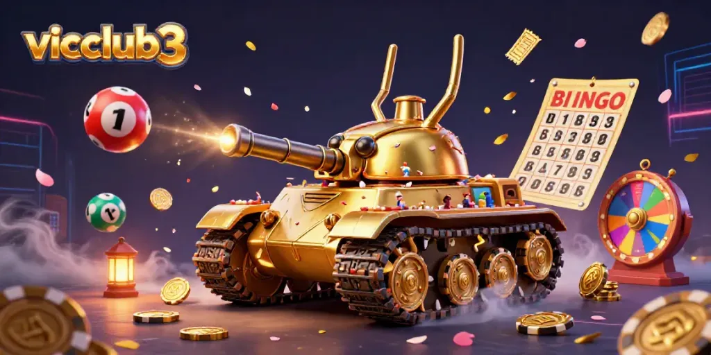 Experience the vibrant world of vicclub3 with a golden beetle tank and dynamic casino elements.
