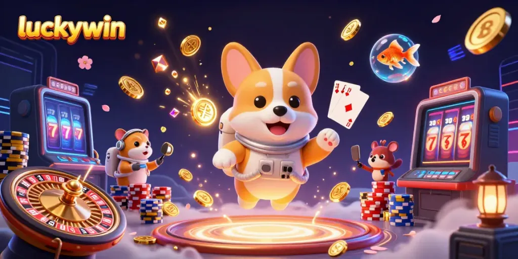 Experience the thrill of luckywin in a vibrant 3D casino scene with colorful characters and gaming elements.