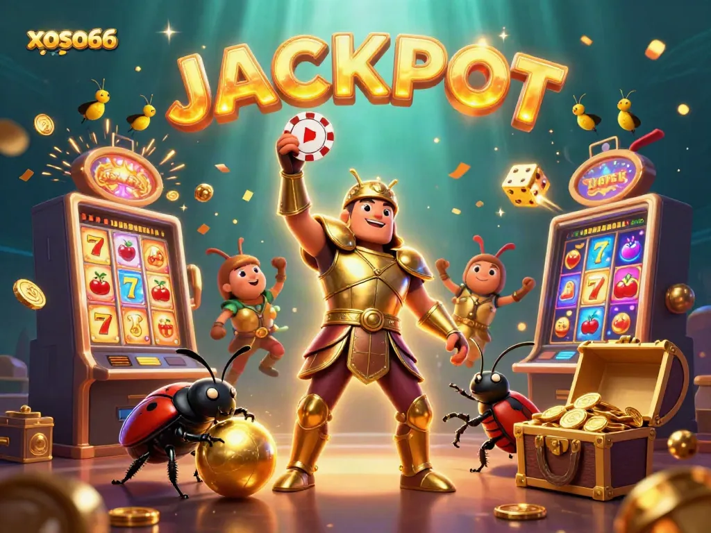 Witness the vibrant xoso66 jackpot moment as animated beetles celebrate amidst a colorful casino explosion.