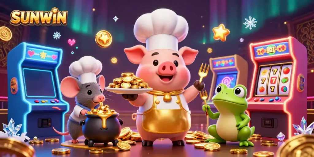 Experience the excitement of SUNWIN with a chef pig, sous-chef mouse, and critic frog amidst vibrant slots gaming elements.