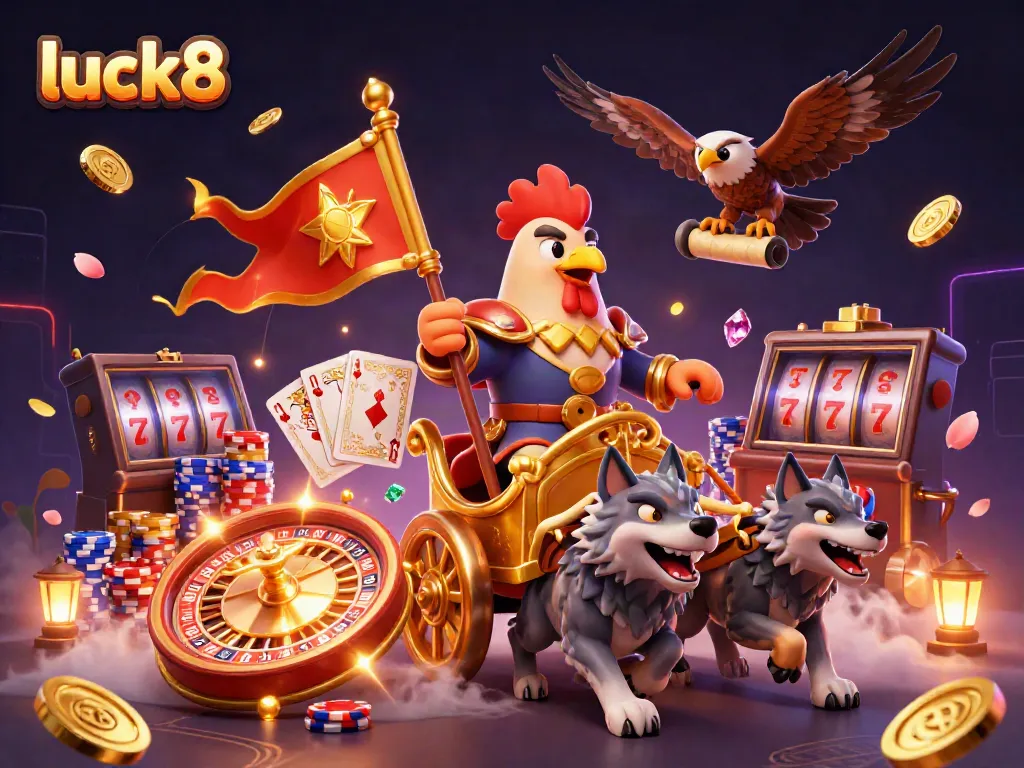 Experience luck8 with a vibrant digital illustration of a rooster warlord and riches in a casino