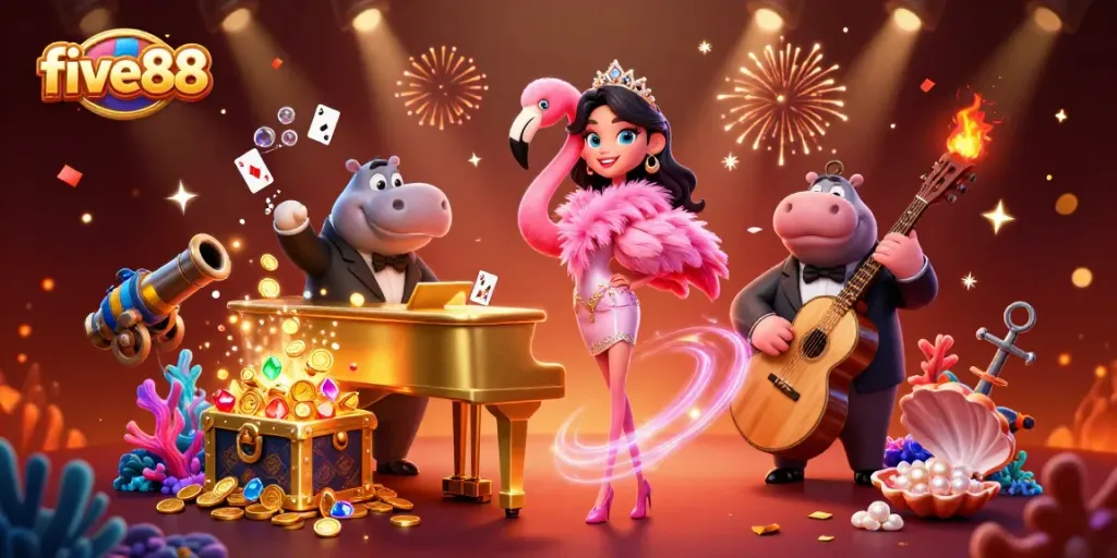Enjoy gaming adventures at five88 with an extravagant flamingo singer and a stylish hippo bassist!