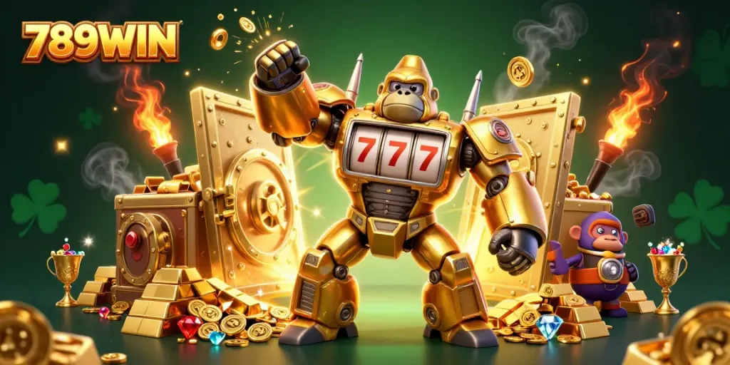 Engage with the thrill of winning at 789WIN as a golden gorilla mech dominates the scene amidst treasures.