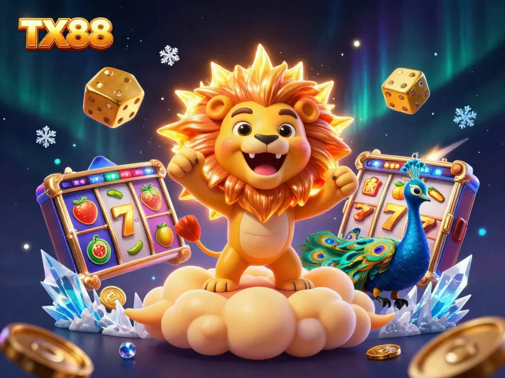 TX88 unleashes excitement with a vibrant illustration featuring a roaring lion and golden dice, perfect for casino enthusiasts.
