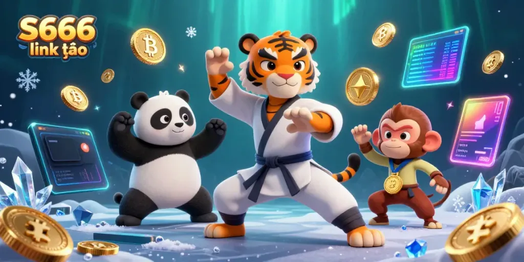 S666 link vào enhances casino gaming with a 3D kung fu tiger and fun students in a dynamic setting.