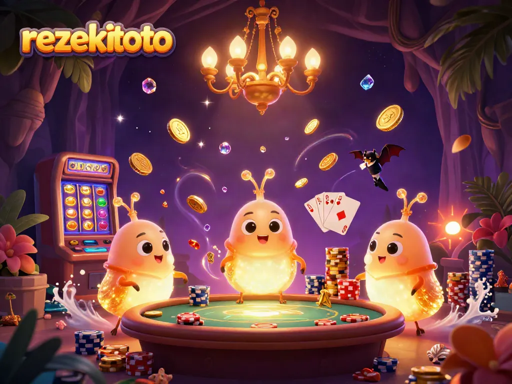 Experience the thrill of rezekitoto slots with vibrant characters and dazzling casino elements illuminating the scene.