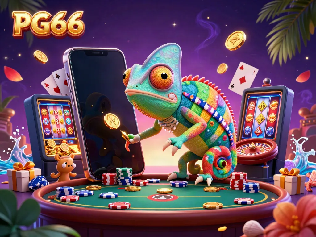 Experience the vibrant energy of PG66 with a lively chameleon casino scene full of game elements.