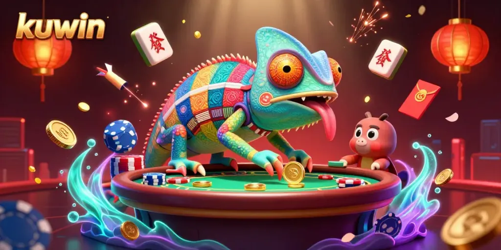 Experience the thrill of kuwin's vibrant gaming scene with a colorful chameleon casino owner amidst festive decor.