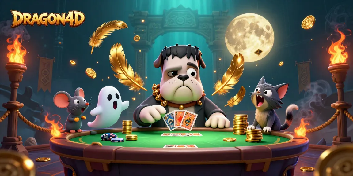 Engage in thrilling gameplay with DRAGON4D at a spooky casino where a Frankenstein bulldog deals cards.