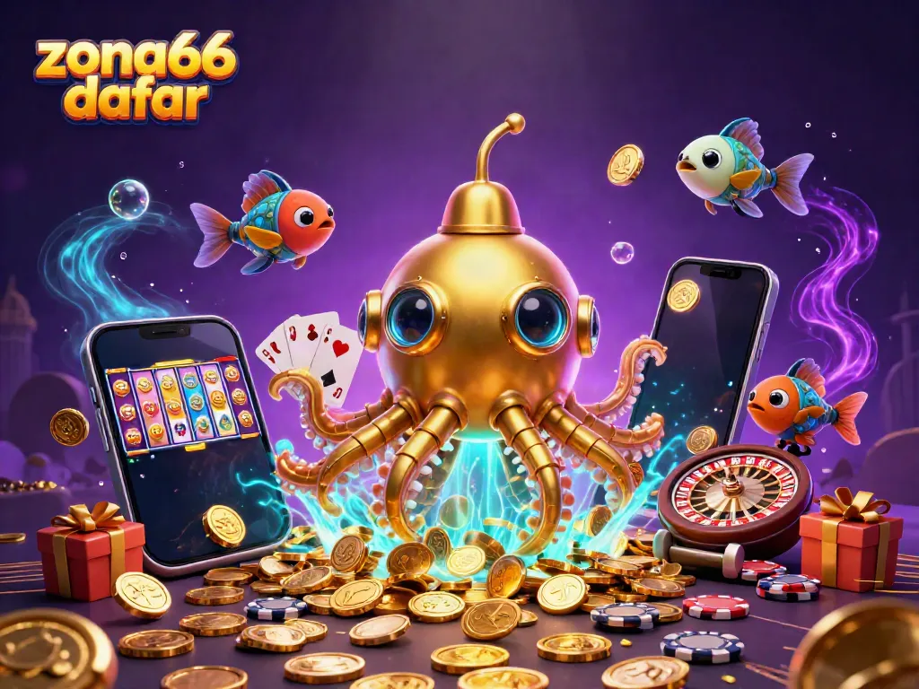Experience the dynamic world of zona66 daftar with a golden kraken submarine emerging from a sea of coins.